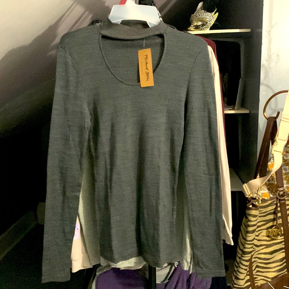 Michael star grey chocker peek a boo neck long sleeve shirt size S
